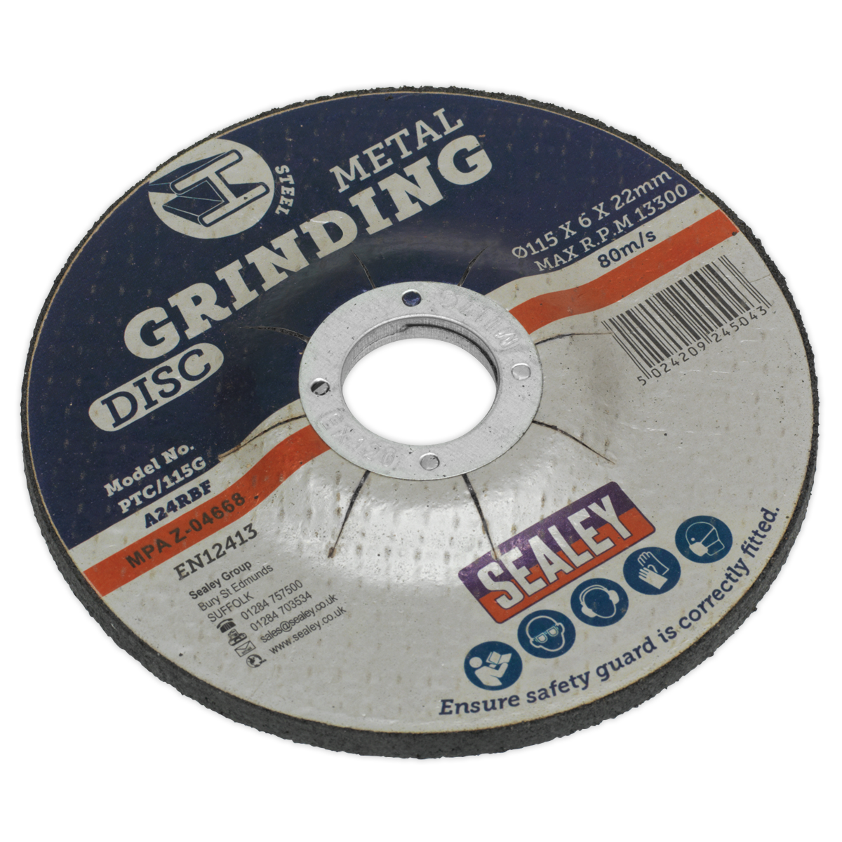 A close-up of the Sealey Grinding Disc Ø115 x 6mm Ø22mm Bore - PTC/115G, specifically designed for metal grinding applications, with a maximum speed of 13,300 RPM. This aluminium oxide depressed centre disc ensures precision and durability.