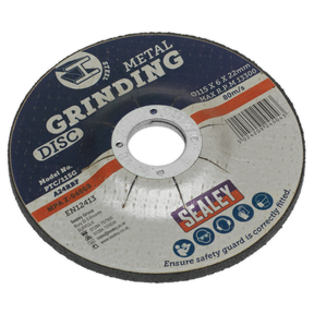 A close-up of the Sealey Grinding Disc Ø115 x 6mm Ø22mm Bore - PTC/115G, specifically designed for metal grinding applications, with a maximum speed of 13,300 RPM. This aluminium oxide depressed centre disc ensures precision and durability.
