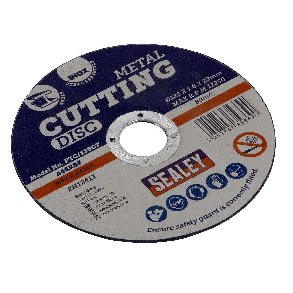 The Sealey Cutting Disc Ø125 x 1.6mm 22mm Bore - PTC/125CT is a versatile circular disc designed for grinding and cutting power tools. It features specifications and safety instructions printed on its primarily blue surface with white and yellow text, including a central hole, making it suitable for use on stainless steel.