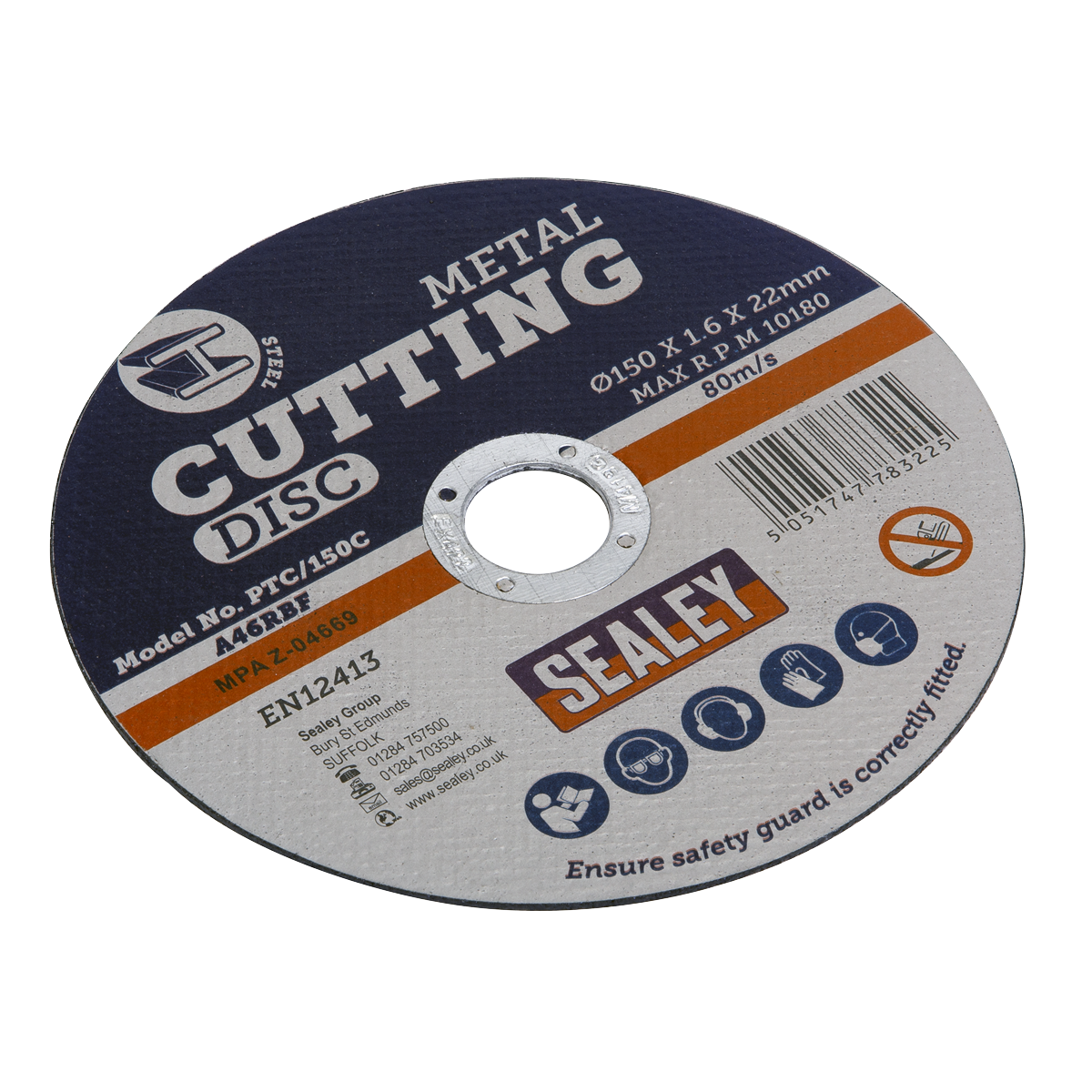 The Sealey Cutting Disc, model number PTC/150C, is a circular abrasive disc with a diameter of 150mm and a thickness of 1.6mm. It features a 22mm bore and is specifically designed for cut-off tools. This disc meets all safety and performance specifications required.