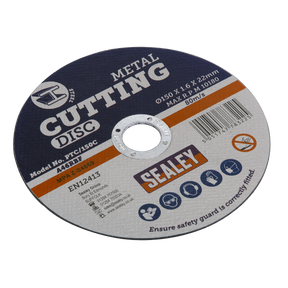 The Sealey Cutting Disc, model number PTC/150C, is a circular abrasive disc with a diameter of 150mm and a thickness of 1.6mm. It features a 22mm bore and is specifically designed for cut-off tools. This disc meets all safety and performance specifications required.