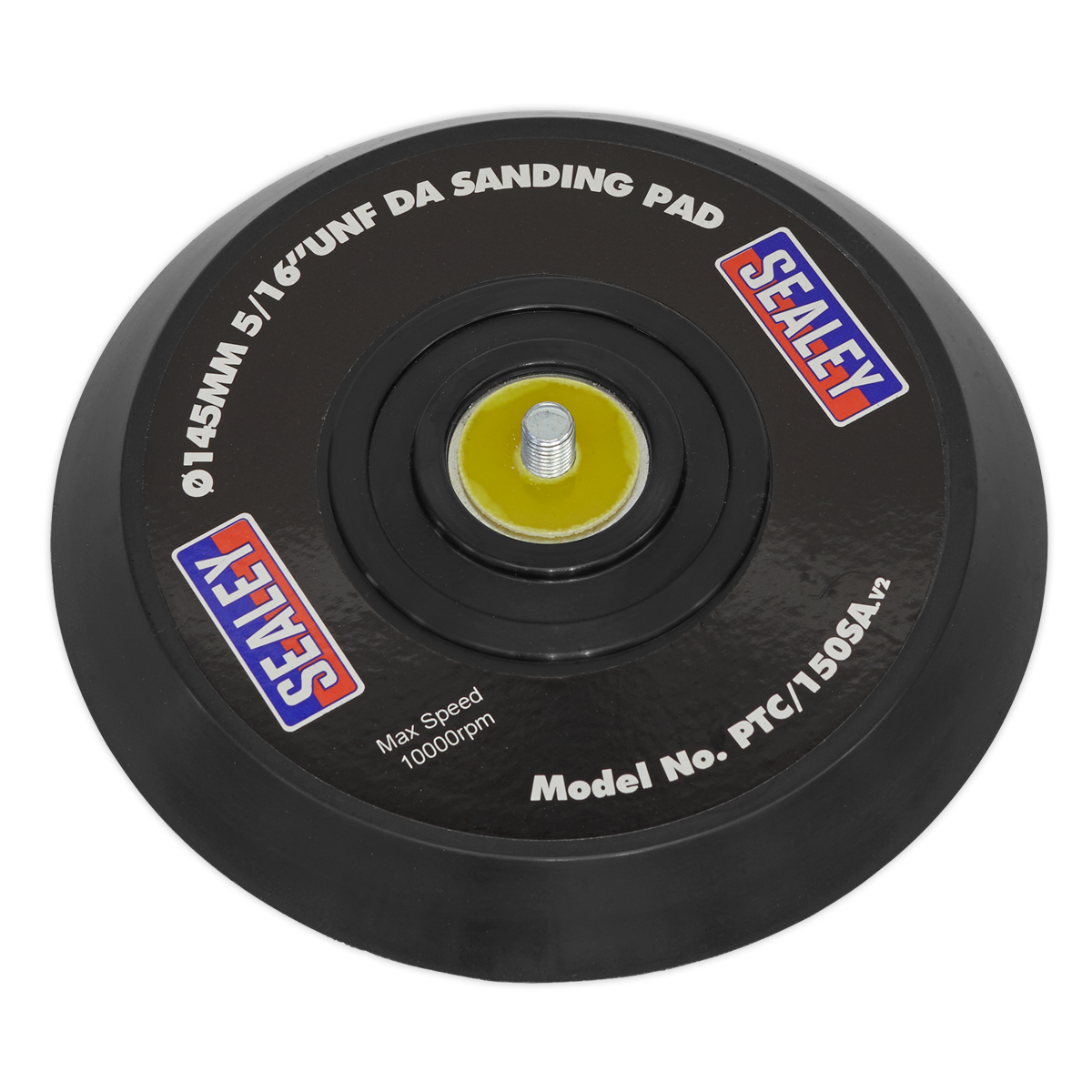 The Sealey DA Backing Pad for Stick-On Discs features a 145mm diameter and a 5/16" UNF threading. It is designed for DA type sanders, with model number PTC/150SA. Capable of reaching a maximum speed of 10,000rpm, this pad is ideal for use with air tools and ensures efficient sanding when used with stick-on discs.