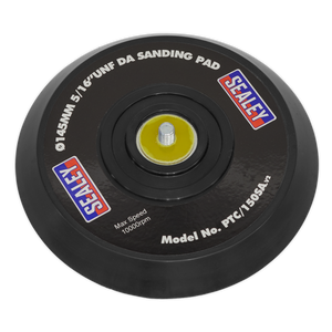 The Sealey DA Backing Pad for Stick-On Discs features a 145mm diameter and a 5/16" UNF threading. It is designed for DA type sanders, with model number PTC/150SA. Capable of reaching a maximum speed of 10,000rpm, this pad is ideal for use with air tools and ensures efficient sanding when used with stick-on discs.