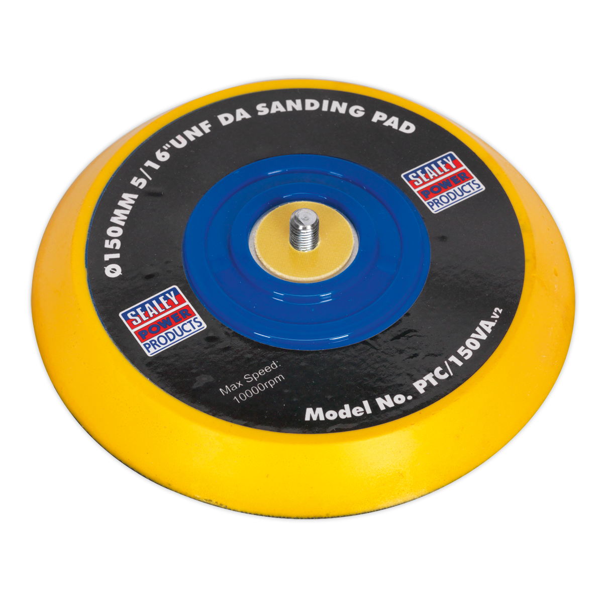 The Sealey DA Backing Pad for Hook-and-Loop Discs (Model PTC/150VA) is a round, yellow pad with a central metal threaded attachment. It measures 145mm in diameter, features a 5/16" UNF thread, and can operate at a maximum speed of 10,000 RPM. It's designed for use with air tools and is ideal for Hook-and-Loop Discs.