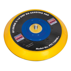 The Sealey DA Backing Pad for Hook-and-Loop Discs (Model PTC/150VA) is a round, yellow pad with a central metal threaded attachment. It measures 145mm in diameter, features a 5/16" UNF thread, and can operate at a maximum speed of 10,000 RPM. It's designed for use with air tools and is ideal for Hook-and-Loop Discs.