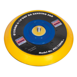 The Sealey DA Backing Pad for Hook-and-Loop Discs (Model PTC/150VA) is a round, yellow pad with a central metal threaded attachment. It measures 145mm in diameter, features a 5/16" UNF thread, and can operate at a maximum speed of 10,000 RPM. It's designed for use with air tools and is ideal for Hook-and-Loop Discs.