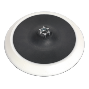 The Sealey DA Backing Pad for Hook-and-Loop Discs features a Ø178mm round black and white tool pad with a central M14 x 2mm threaded metal rod for easy attachment to both air and electric tools. Product code: PTC/180VA.