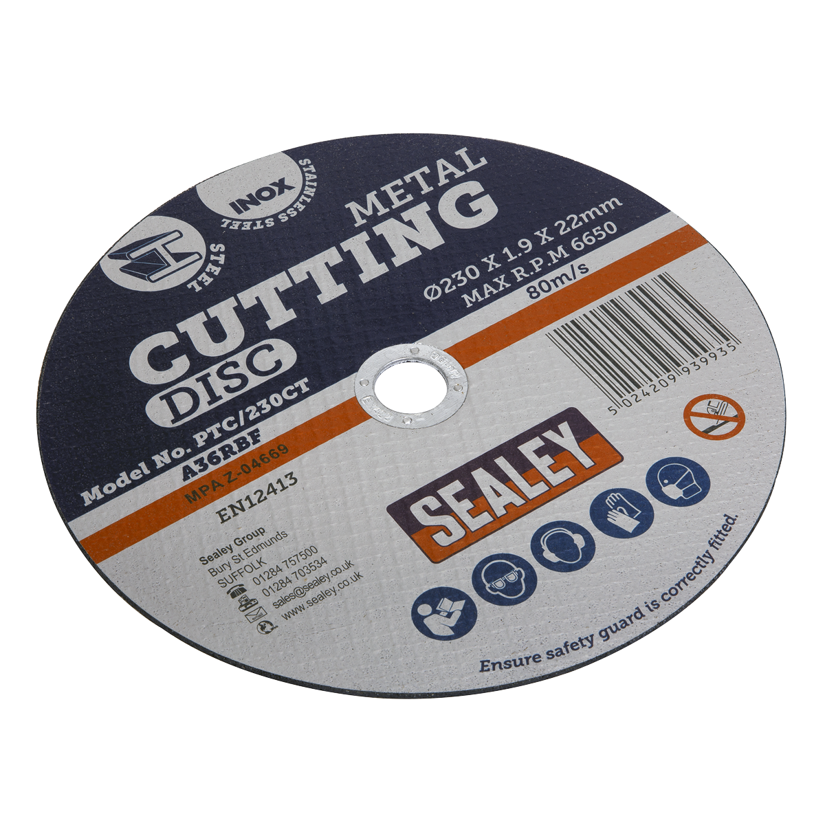 Sealey offers a versatile cutting disc, model PTC/230CT, designed for cutting inox materials. This high-performance disc features a diameter of 230mm, a thickness of 2mm, and a 22mm bore. It operates at a maximum speed of 80m/s and is ideal for use with power tools. A barcode on the right side ensures easy identification.