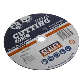 Sealey offers a versatile cutting disc, model PTC/230CT, designed for cutting inox materials. This high-performance disc features a diameter of 230mm, a thickness of 2mm, and a 22mm bore. It operates at a maximum speed of 80m/s and is ideal for use with power tools. A barcode on the right side ensures easy identification.