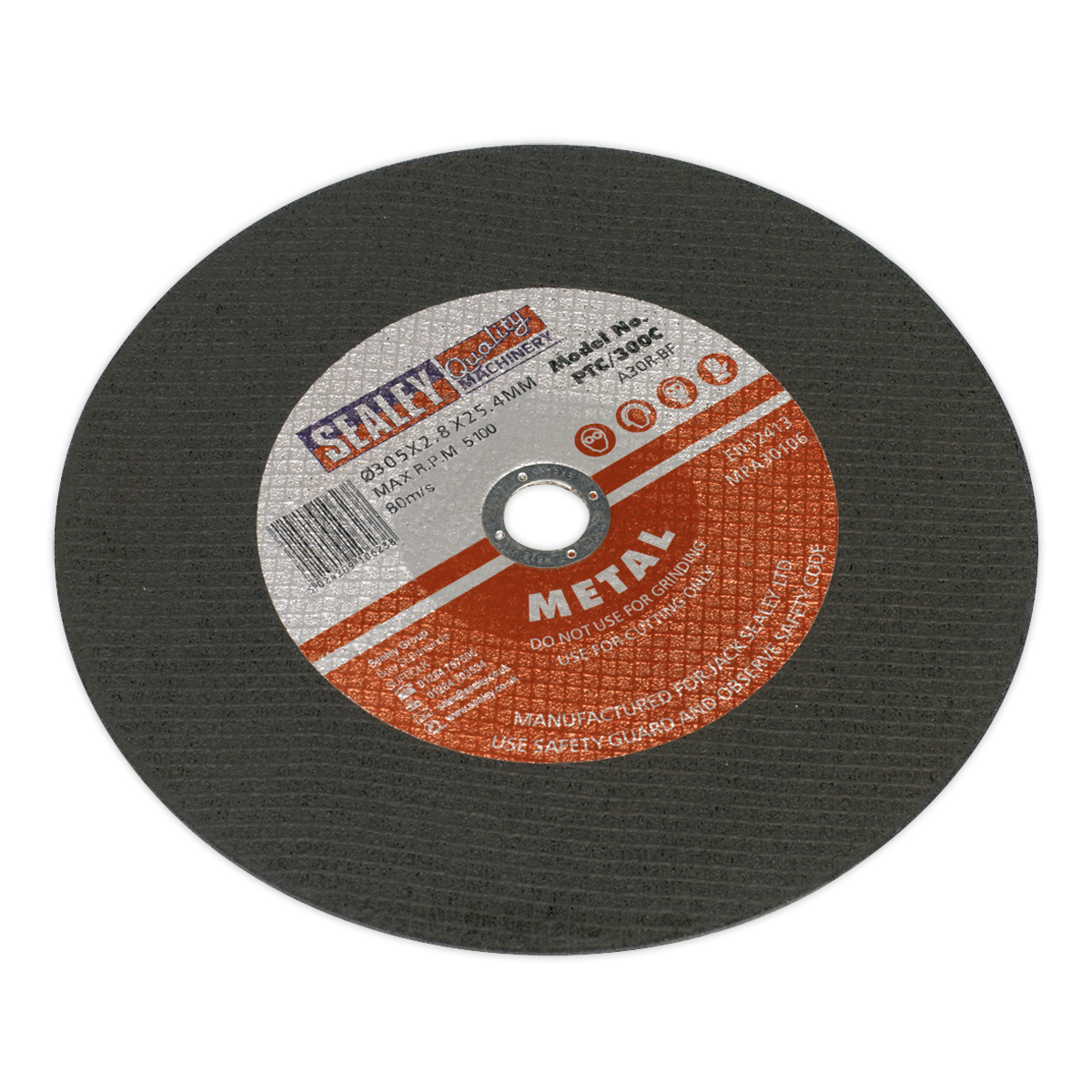 The Sealey Cutting Disc Ø305 x 2.8mm 25.4mm Bore - PTC/300C is a circular, general-purpose flat cutting disc with detailed safety and usage information on the label, primarily designed for cutting metal materials.