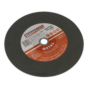 The Sealey Cutting Disc Ø305 x 2.8mm 25.4mm Bore - PTC/300C is a circular, general-purpose flat cutting disc with detailed safety and usage information on the label, primarily designed for cutting metal materials.