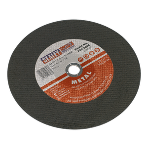 The Sealey Cutting Disc Ø305 x 2.8mm 25.4mm Bore - PTC/300C is a circular, general-purpose flat cutting disc with detailed safety and usage information on the label, primarily designed for cutting metal materials.