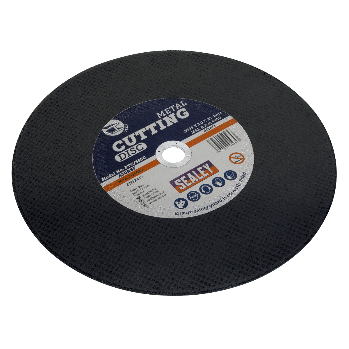 The Sealey Cutting Disc Ø355 x 3mm Ø25.4mm Bore - PTC/355C, with specifications printed on the label, is designed for cutting various types of metals. It is ideal for use with grinding and cutting power tools.