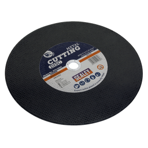 The Sealey Cutting Disc Ø355 x 3mm Ø25.4mm Bore - PTC/355C, with specifications printed on the label, is designed for cutting various types of metals. It is ideal for use with grinding and cutting power tools.