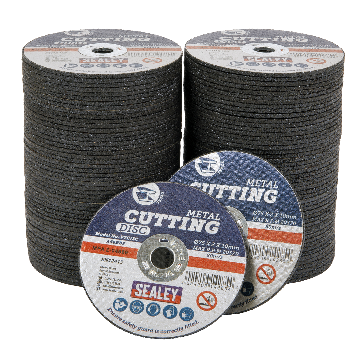 Two stacks of Sealey's Cutting Disc Pack of 100 Ø75 x 2mm Ø10mm Bore - PTC/3C100 with two angled discs leaning at the front, each labeled with product details and specifications. These are designed for cutting metal and are ideal for use with grinding and cutting power tools.