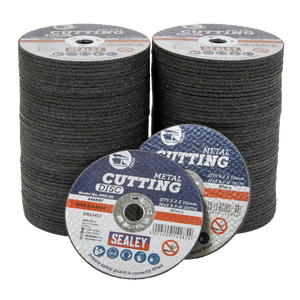 Two stacks of Sealey's Cutting Disc Pack of 100 Ø75 x 2mm Ø10mm Bore - PTC/3C100 with two angled discs leaning at the front, each labeled with product details and specifications. These are designed for cutting metal and are ideal for use with grinding and cutting power tools.