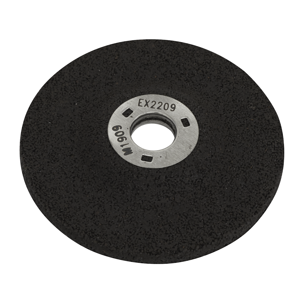 The Sealey Grinding Disc Ø58 x 4mm Ø9.5mm Bore - PTC/50G is a black circular grinding wheel with a central mounting hole, featuring the markings "EX2209" and "M909." This aluminium oxide depressed centre disc is designed for durability and precision when working with metal.