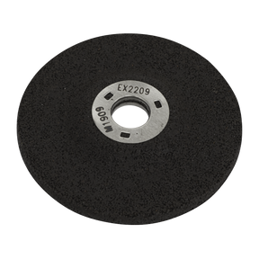 The Sealey Grinding Disc Ø58 x 4mm Ø9.5mm Bore - PTC/50G is a black circular grinding wheel with a central mounting hole, featuring the markings "EX2209" and "M909." This aluminium oxide depressed centre disc is designed for durability and precision when working with metal.
