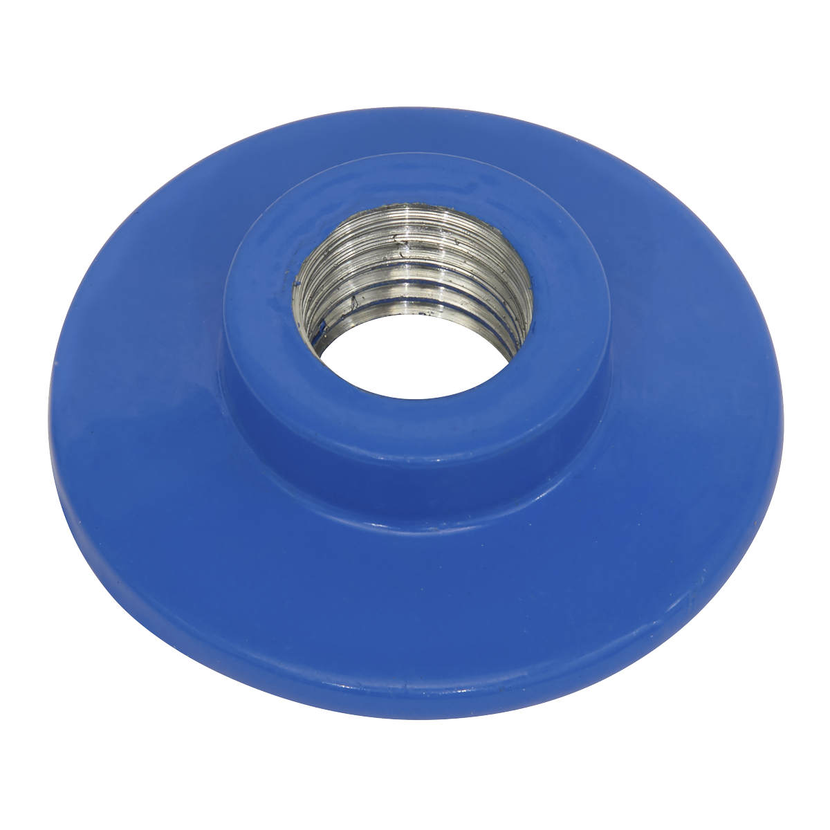 The Sealey Pad Nut for PTC/BP3 Backing Pad M10 x 1.25mm - PTC/BP3/NUT is a blue plastic threaded flange that features a central metal screw hole, making it compatible with M10 x 1.25mm fittings.