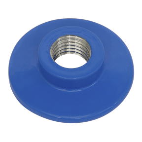 The Sealey Pad Nut for PTC/BP3 Backing Pad M10 x 1.25mm - PTC/BP3/NUT is a blue plastic threaded flange that features a central metal screw hole, making it compatible with M10 x 1.25mm fittings.