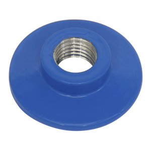 The Sealey Pad Nut for PTC/BP3 Backing Pad M10 x 1.25mm - PTC/BP3/NUT is a blue plastic threaded flange that features a central metal screw hole, making it compatible with M10 x 1.25mm fittings.