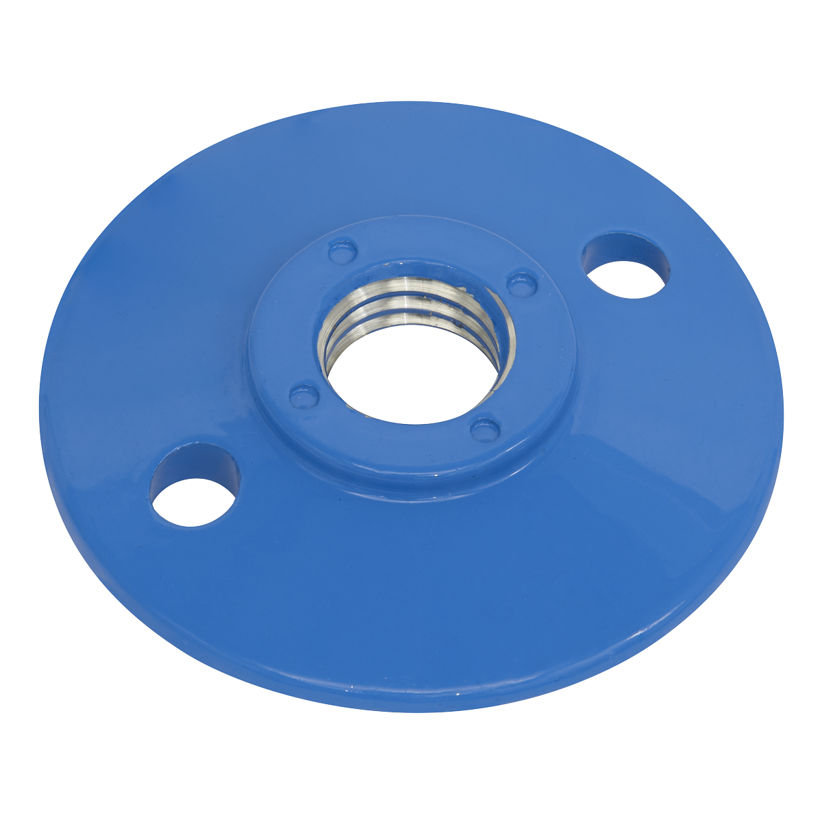 The Sealey Pad Nut for PTC/BP4 Backing Pad (M14 x 2mm) - PTC/BP4/NUT is a blue, round metal mounting plate with a centered threaded hole and two additional smaller holes on either side, making it ideal for secure fastening with a locknut.