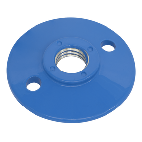 The Sealey Pad Nut for PTC/BP4 Backing Pad (M14 x 2mm) - PTC/BP4/NUT is a blue, round metal mounting plate with a centered threaded hole and two additional smaller holes on either side, making it ideal for secure fastening with a locknut.
