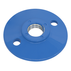 The Sealey Pad Nut for PTC/BP4 Backing Pad (M14 x 2mm) - PTC/BP4/NUT is a blue, round metal mounting plate with a centered threaded hole and two additional smaller holes on either side, making it ideal for secure fastening with a locknut.