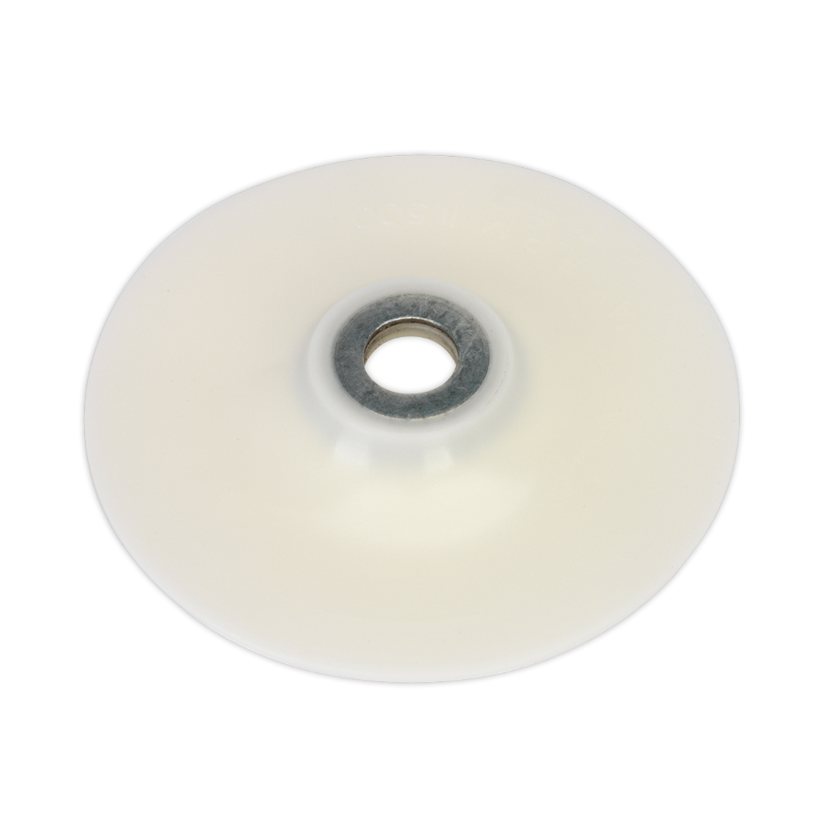 A close-up image of the Sealey Grinder & Sander Backing Pad Ø104mm - PTC/BP4, a white circular object with a central hole resembling a wheel or disk, commonly made of plastic or rubber.