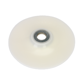 A close-up image of the Sealey Grinder & Sander Backing Pad Ø104mm - PTC/BP4, a white circular object with a central hole resembling a wheel or disk, commonly made of plastic or rubber.