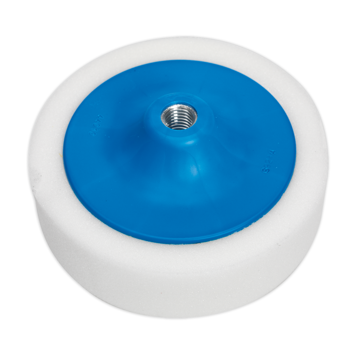 A Sealey Buffing & Polishing Foam Head, model PTC/CH/5/8-W, which is a round white and blue premium foam buffing pad with a threaded 5/8" UNC metal insert in the center.