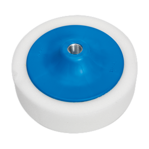 A Sealey Buffing & Polishing Foam Head, model PTC/CH/5/8-W, which is a round white and blue premium foam buffing pad with a threaded 5/8" UNC metal insert in the center.