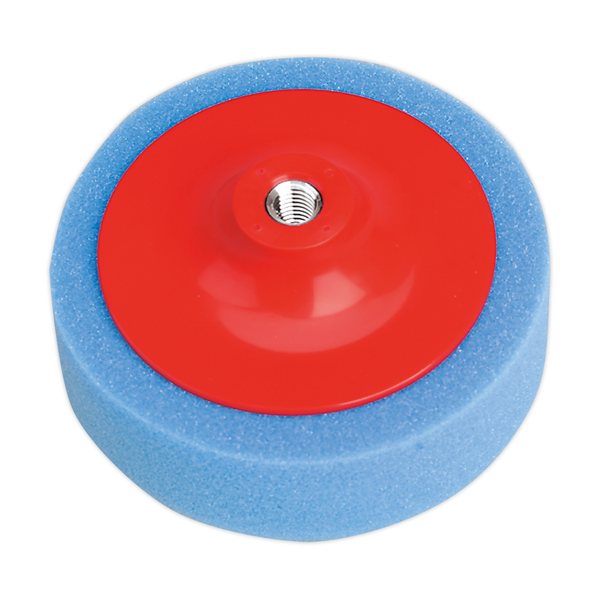 The Sealey Buffing & Polishing Foam Head Ø150 x 50mm M14 x 2mm Blue/Medium - PTC/CH/M14-B is a premium product featuring a medium density blue foam exterior, a red plastic center, and a metal threaded hole.