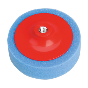 The Sealey Buffing & Polishing Foam Head Ø150 x 50mm M14 x 2mm Blue/Medium - PTC/CH/M14-B is a premium product featuring a medium density blue foam exterior, a red plastic center, and a metal threaded hole.