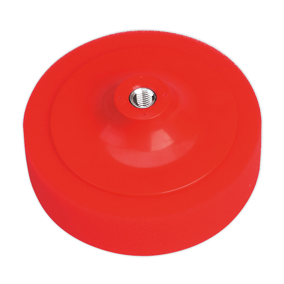 A red, circular Buffing & Polishing Foam Head (Ø150 x 50mm, M14 x 2mm) by Sealey, featuring an ultra-soft texture and a metal insert in the center, set against a white background.