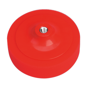 A red, circular Buffing & Polishing Foam Head (Ø150 x 50mm, M14 x 2mm) by Sealey, featuring an ultra-soft texture and a metal insert in the center, set against a white background.