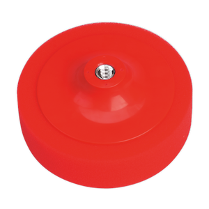 A red, circular Buffing & Polishing Foam Head (Ø150 x 50mm, M14 x 2mm) by Sealey, featuring an ultra-soft texture and a metal insert in the center, set against a white background.