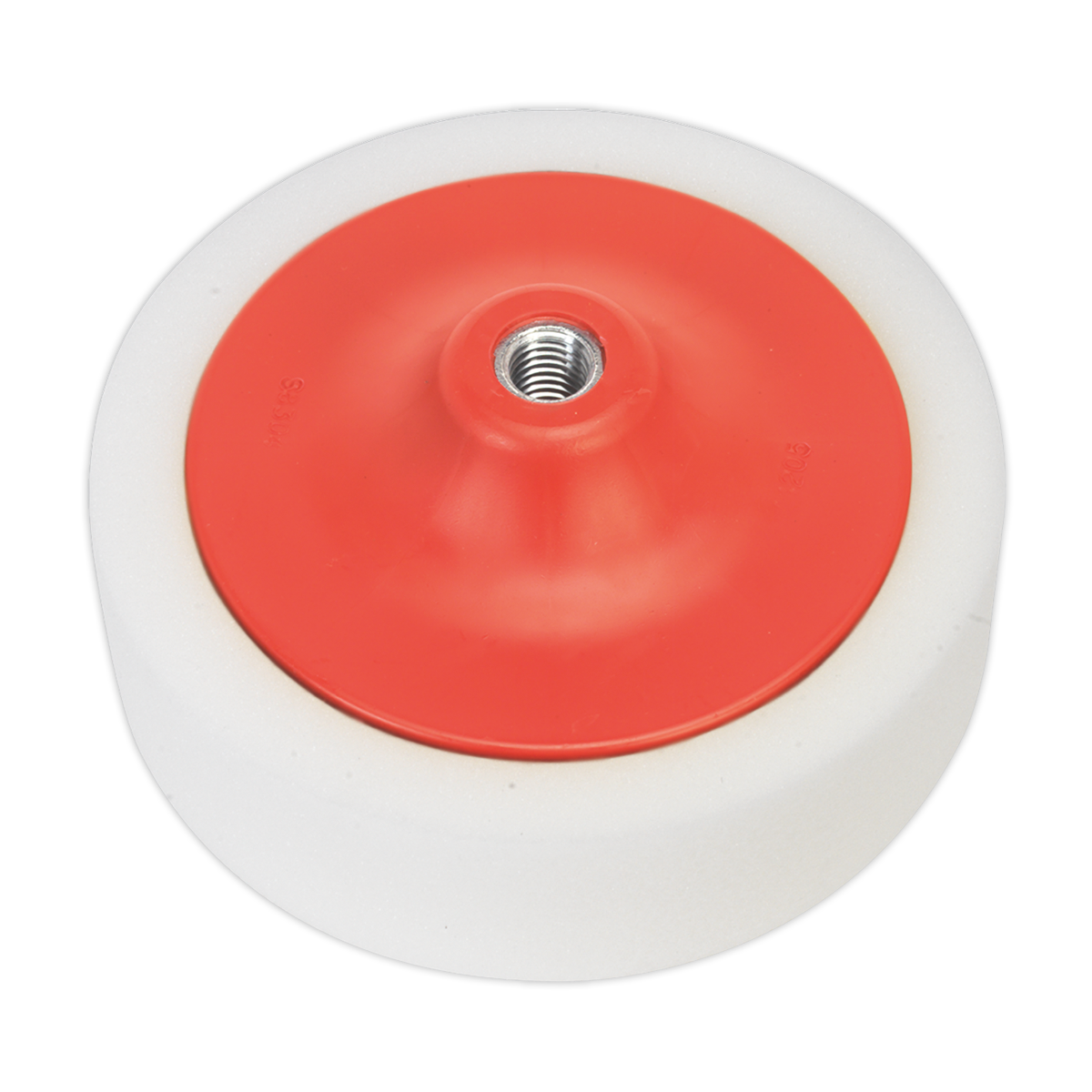 The Sealey Buffing & Polishing Foam Head Ø150 x 50mm M14 x 2mm White/Dense - PTC/CH/M14-W is a premium foam buffing pad featuring a white wheel with a red central hub and a threaded hole, designed for compounding paint systems.