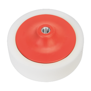 The Sealey Buffing & Polishing Foam Head Ø150 x 50mm M14 x 2mm White/Dense - PTC/CH/M14-W is a premium foam buffing pad featuring a white wheel with a red central hub and a threaded hole, designed for compounding paint systems.