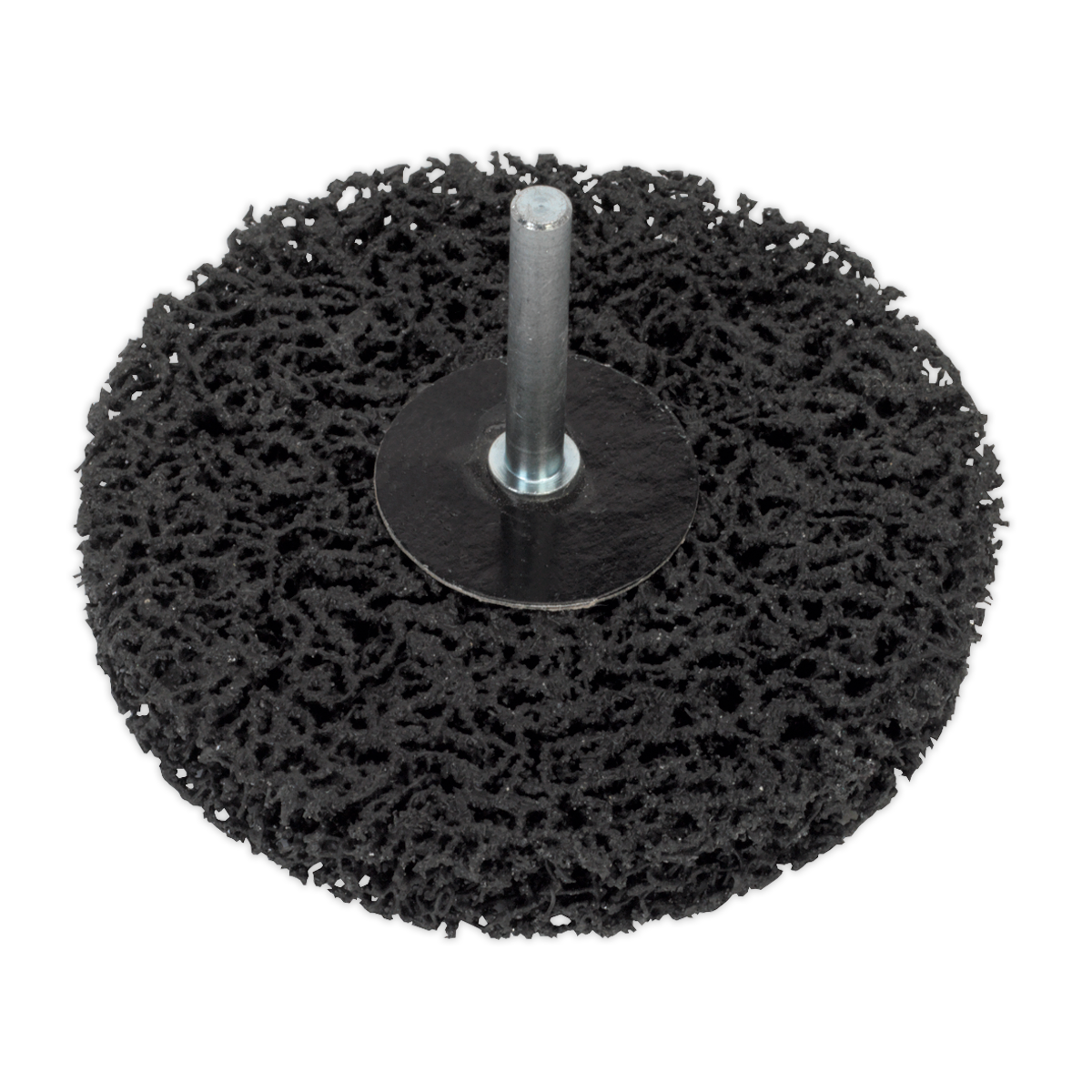 The Sealey Polycarbide Spindle Wheel Ø100 x 13 x 6.35mm - PTC/SW100 is a black abrasive wheel with a central metal shaft for mounting on a power tool, perfect for paint removal and other grinding tasks.