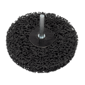 The Sealey Polycarbide Spindle Wheel Ø100 x 13 x 6.35mm - PTC/SW100 is a black abrasive wheel with a central metal shaft for mounting on a power tool, perfect for paint removal and other grinding tasks.