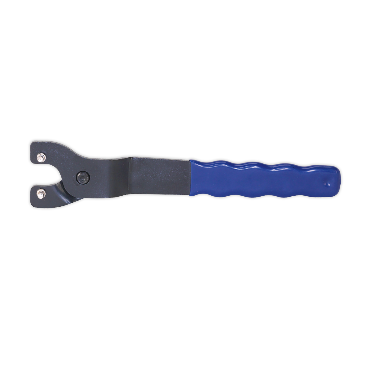 The Sealey Universal Pin Spanner 10-30mm - PTC/UPW is a metal bike wrench with a black head and blue comfort handle, designed for adjusting bottom brackets and featuring adjustable pin discs.