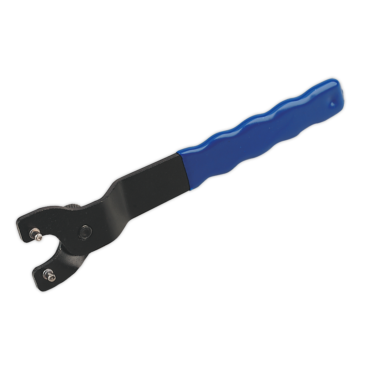 The Sealey Universal Pin Spanner 10-30mm - PTC/UPW is a black tool with a blue comfort handle, specifically designed for gripping and turning objects, and it features two adjustable prongs at one end.