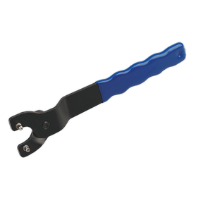The Sealey Universal Pin Spanner 10-30mm - PTC/UPW is a black tool with a blue comfort handle, specifically designed for gripping and turning objects, and it features two adjustable prongs at one end.