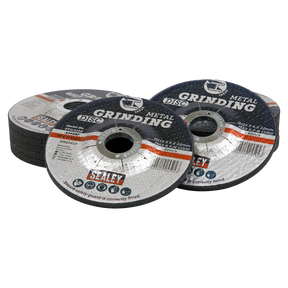 A pack of twelve Sealey grinding discs, each measuring Ø115 x 6mm with a Ø22mm bore, crafted from Aluminium oxide. The discs are arranged in a semi-circle with some lying flat and others slightly elevated, featuring product labels that specify their details. The set also includes a convenient storage case for easy organization and transport. Product code: PTC115G12.