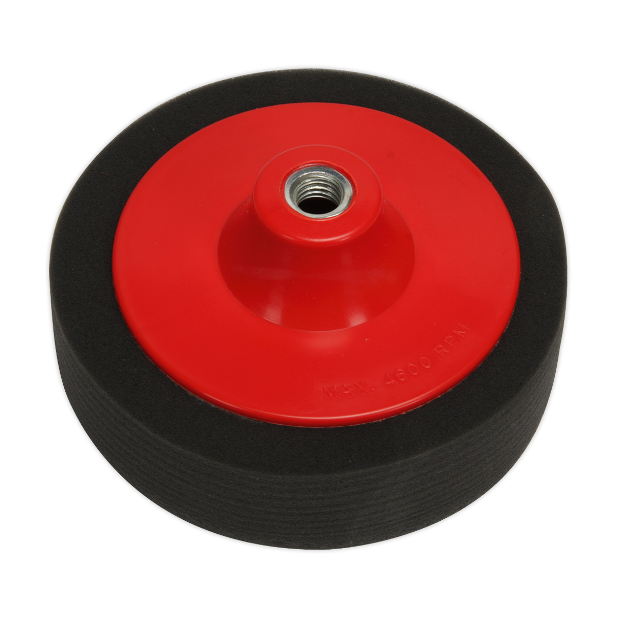 The Sealey Buffing & Polishing Foam Head Ø150 x 50mm M14 x 2mm - Soft - PTC150CHS is a red and black circular attachment used for buffing and polishing machines, featuring a central threaded hole. Ideal for vehicle bodywork, it incorporates high-quality European foam.