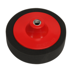 The Sealey Buffing & Polishing Foam Head Ø150 x 50mm M14 x 2mm - Soft - PTC150CHS is a red and black circular attachment used for buffing and polishing machines, featuring a central threaded hole. Ideal for vehicle bodywork, it incorporates high-quality European foam.