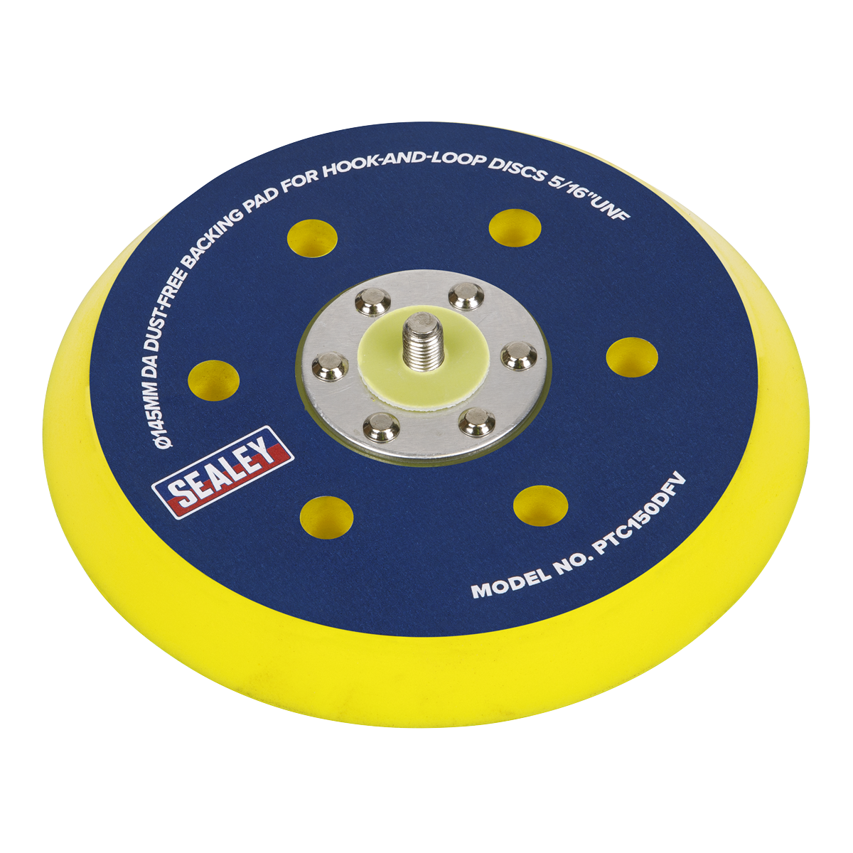 A Sealey DA Dust-Free Backing Pad for hook-and-loop discs, model PTC150DFV, with a diameter of 145mm and a 5/16" UNF thread, designed in blue and yellow for compatibility with both electric and air tools.