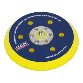 A Sealey DA Dust-Free Backing Pad for hook-and-loop discs, model PTC150DFV, with a diameter of 145mm and a 5/16" UNF thread, designed in blue and yellow for compatibility with both electric and air tools.