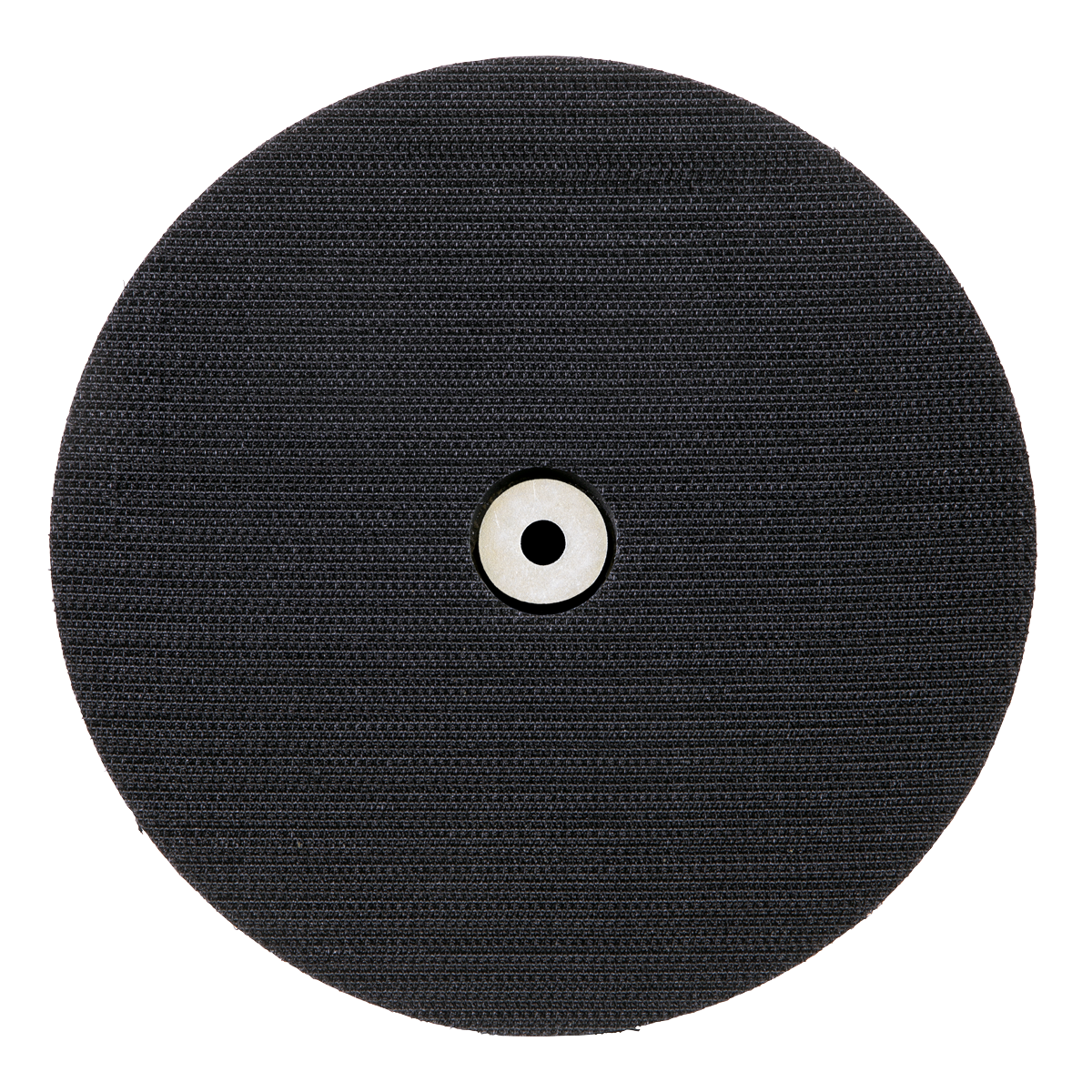 A close-up of Sealey's Hook-and-Loop Backing Pad - M6 Ø150mm (model PTC150M6), a black circular abrasive disc with a small central hole, showcasing its versatile design for Ø150mm hook-and-loop discs.